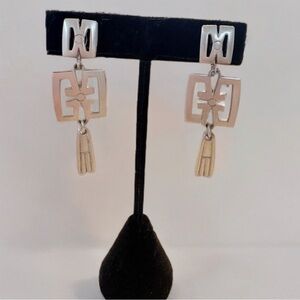 Vintage Trifari Silver Geometric Dangle Clip On Earrings Mid Century Modern